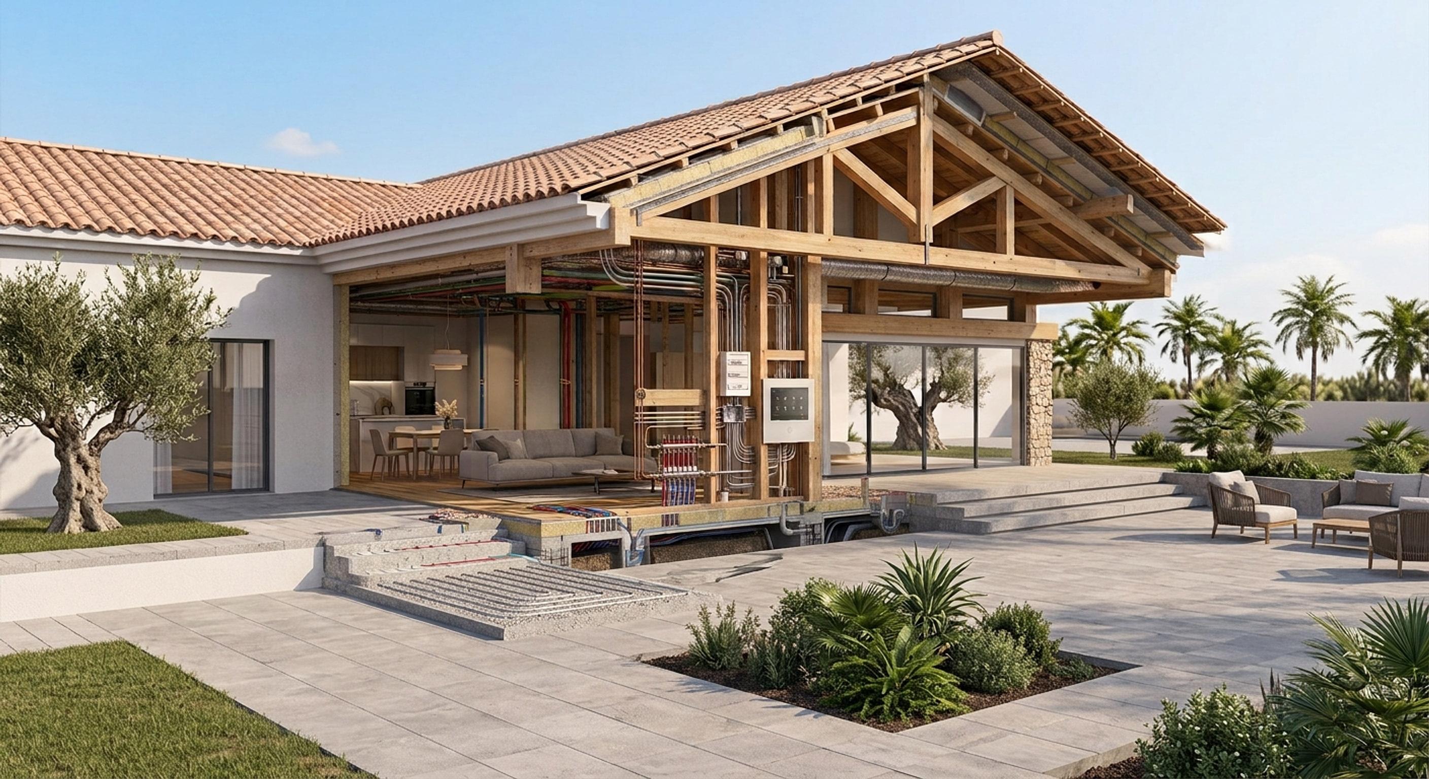 Corte constructivo de una vivienda con la estructura de madera y las instalaciones a la vista
