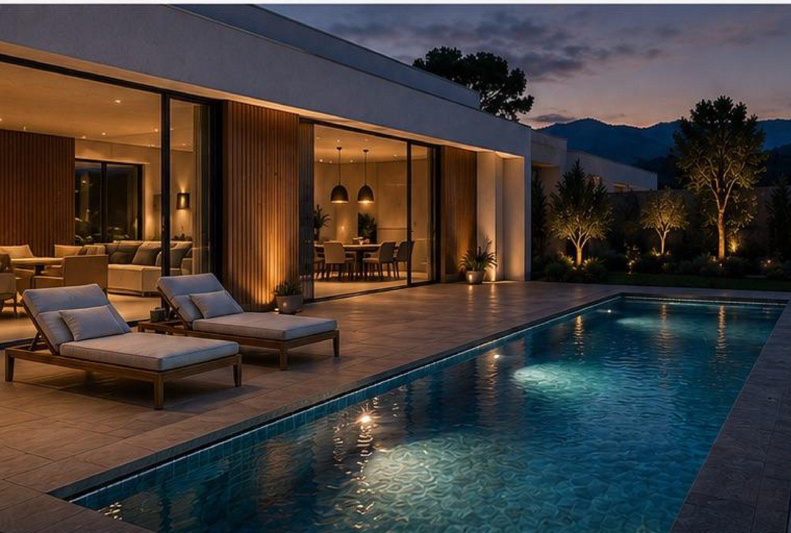 Piscina exterior con lámina de agua junto a la vivienda