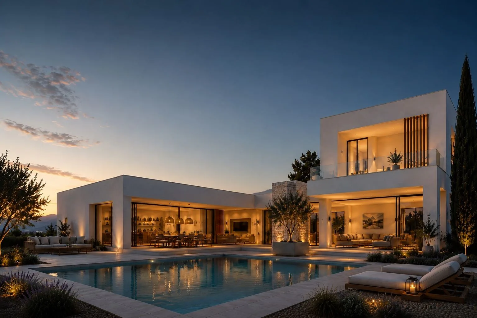 Vivienda moderna de Grupo Amara con piscina al atardecer