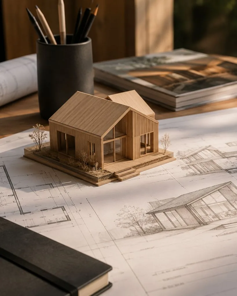 Maqueta de vivienda en madera junto a planos técnicos y muestras de material