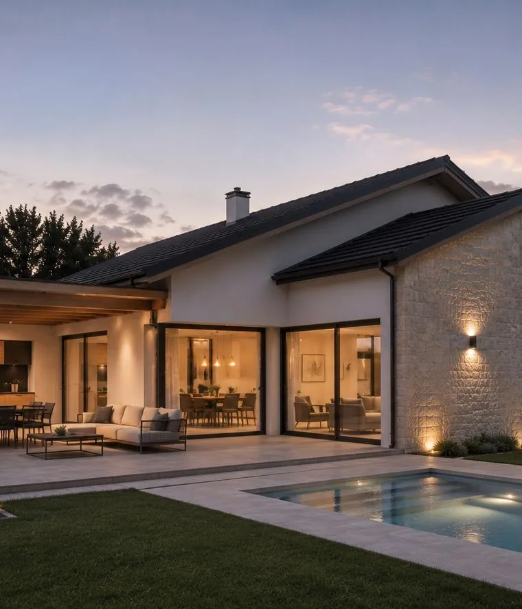Vivienda de una planta con piedra natural y piscina al anochecer