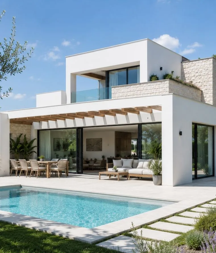 Vivienda de dos plantas en blanco y piedra con pérgola y piscina
