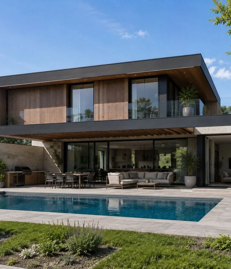 Vivienda contemporánea con voladizo de madera y piscina